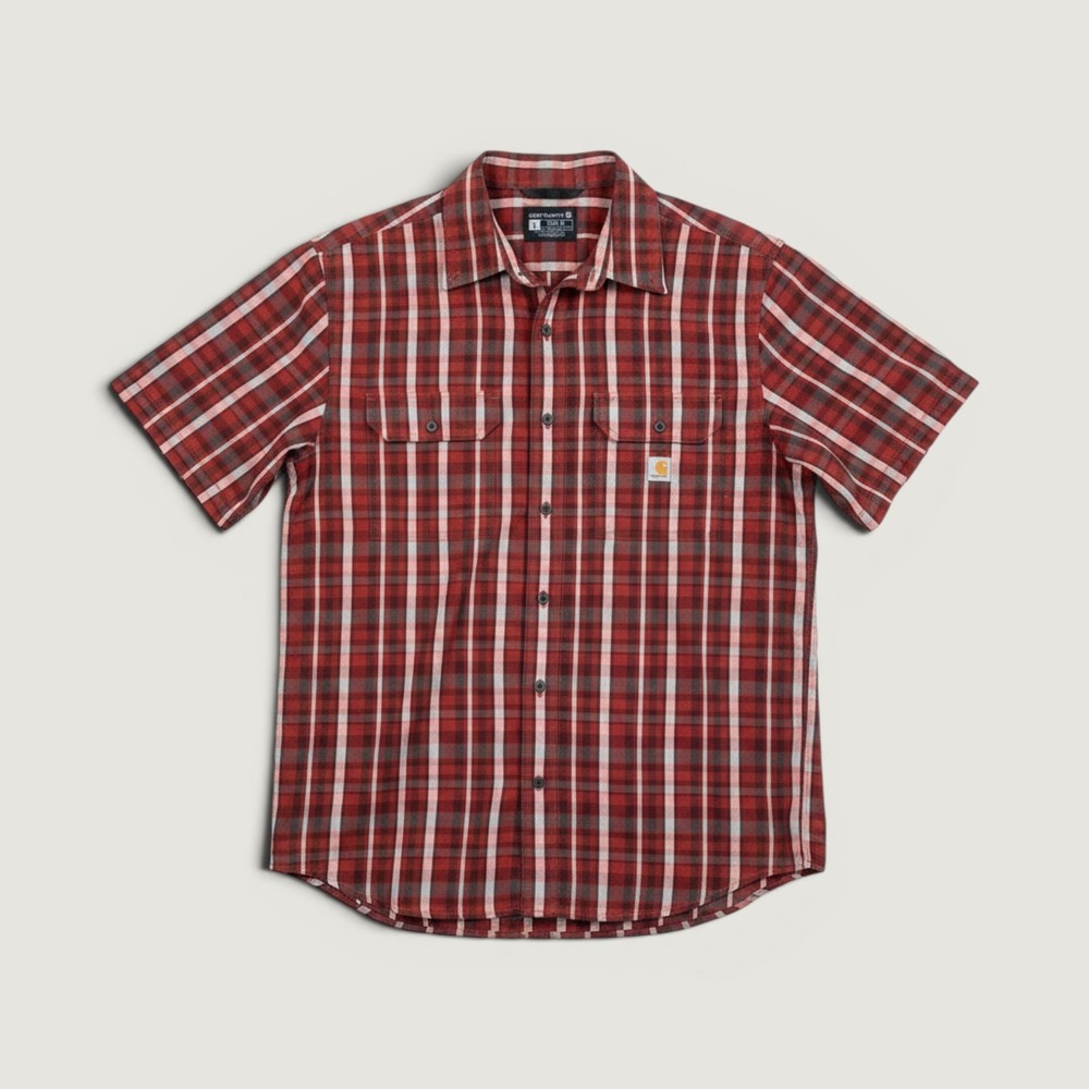 Carhartt Mens Loose Fit Short Sleeve Plaid Button Down Shirt Red Grey Large